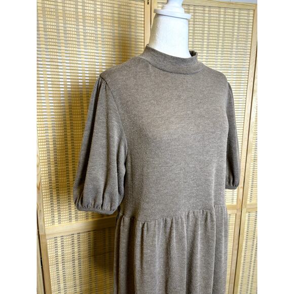 Zara Knit Mock Neck Tiered Peasant Style Brown Puff Sleeve Midi Dress Size Large - Picture 3 of 7